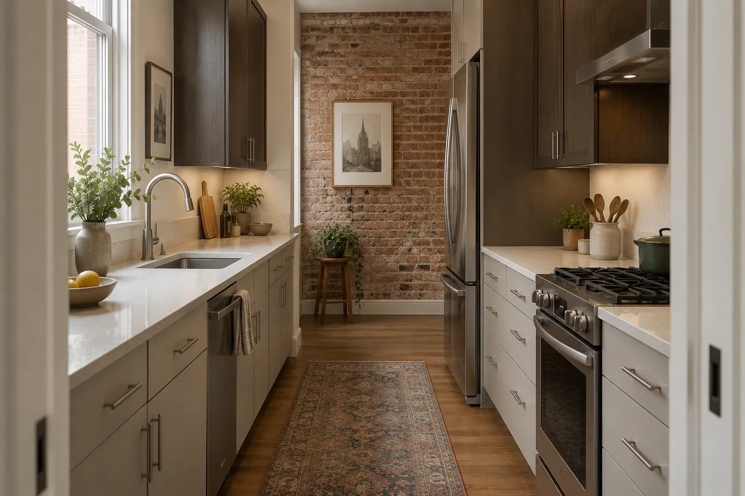 Narrow galley kitchen with putty lower cabinets, dark wood upper cabinets and an exposed brick end wall